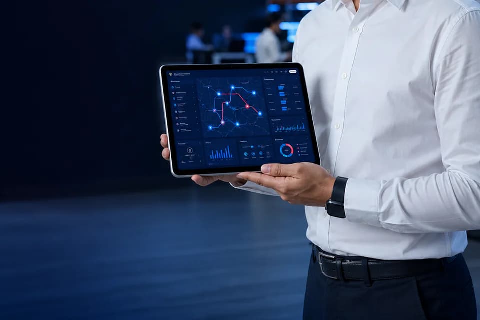 Cambodian operations manager holding an AI-powered analytics dashboard