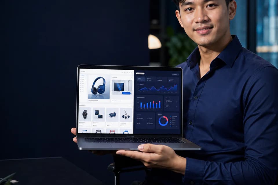 Cambodian business owner presenting an ecommerce website and analytics dashboard