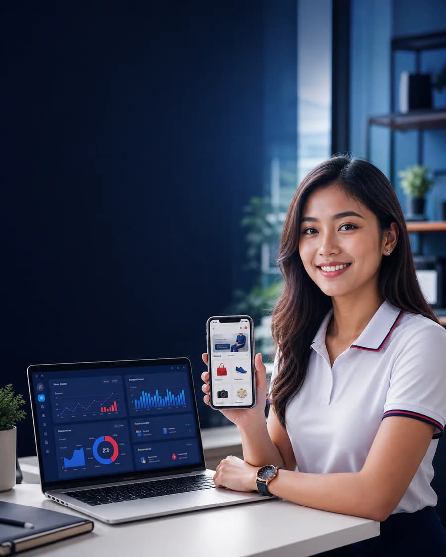 Cambodian software consultant presenting a mobile app and business dashboard