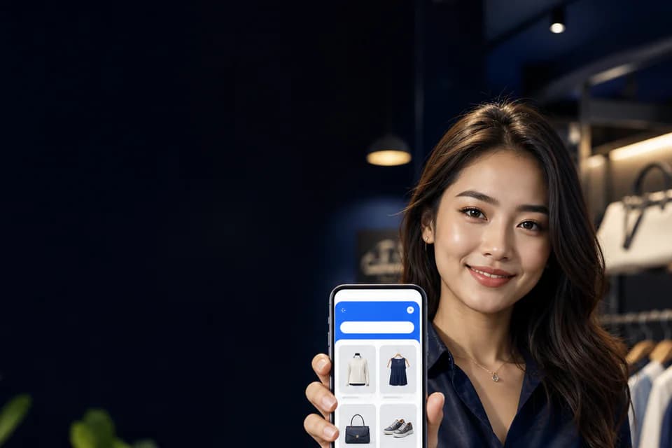 Cambodian retail owner presenting a mobile shopping application