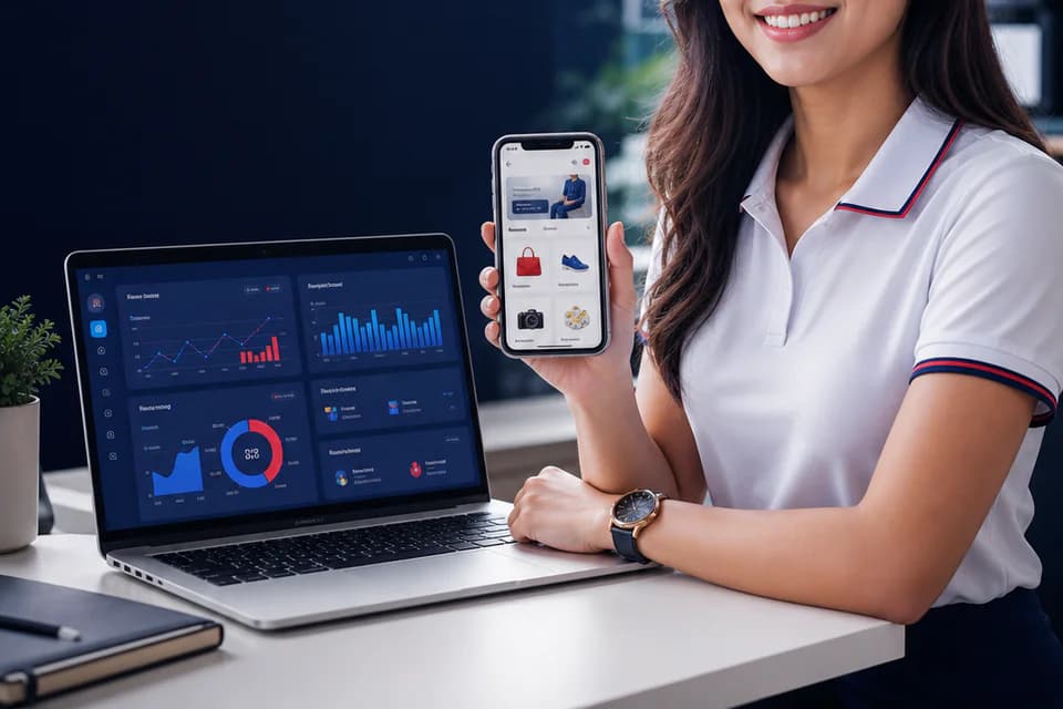 Business platform shown across a mobile application and analytics dashboard